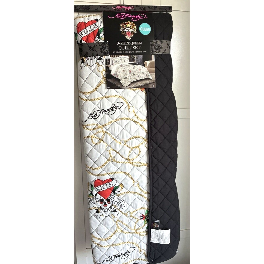 Ed Hardy Queen Quilt Set 3 Piece Queen Bedding Skull Heart Roses New